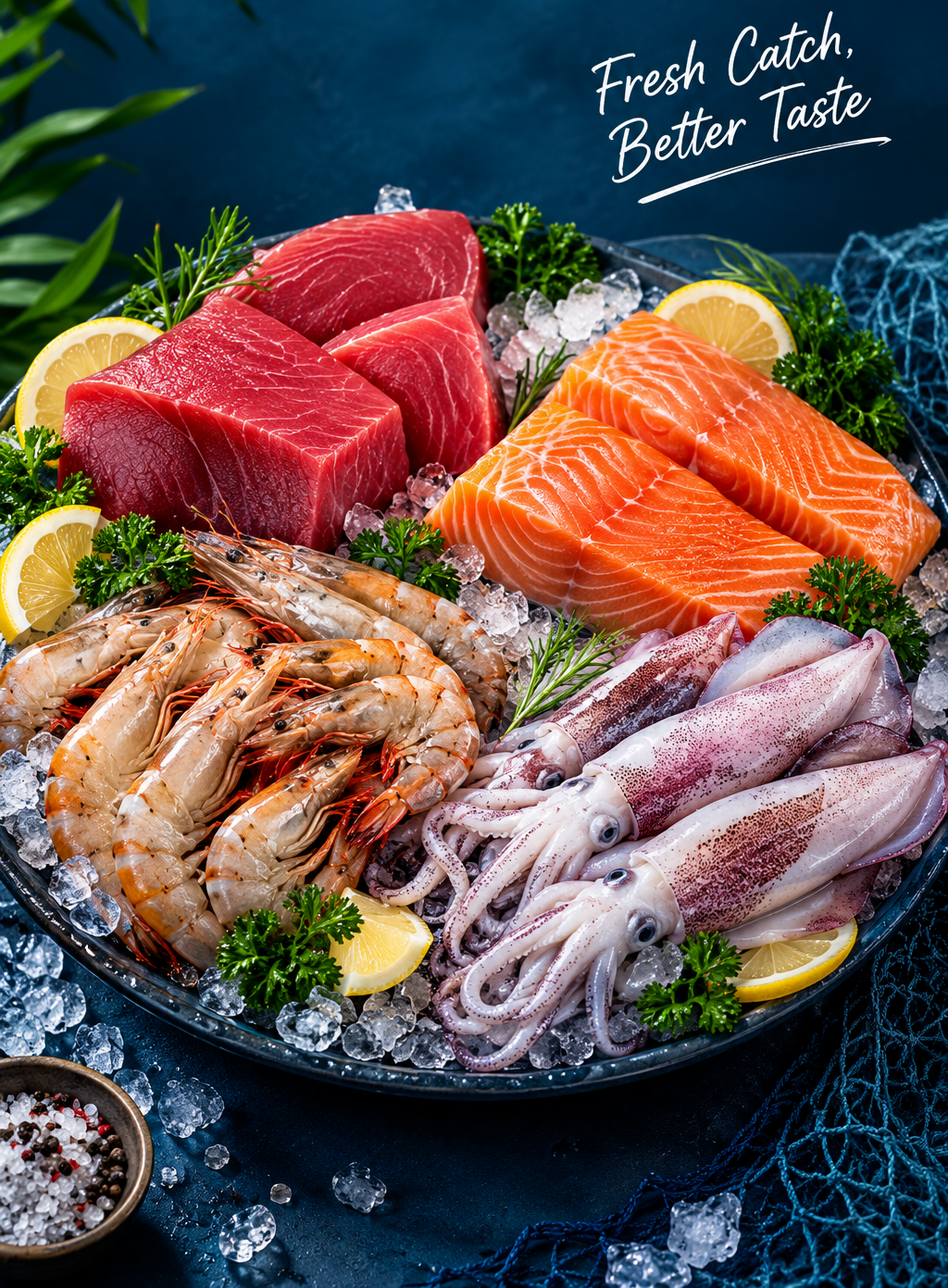 Fresh premium seafood including tuna, salmon, shrimp and squid